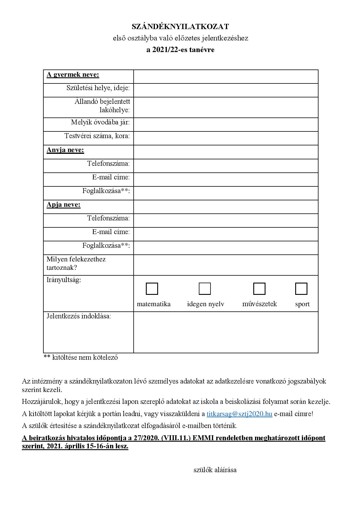 SZÁNDÉKNYILATKOZAT Szent József Katolikus Általános Iskola page 001